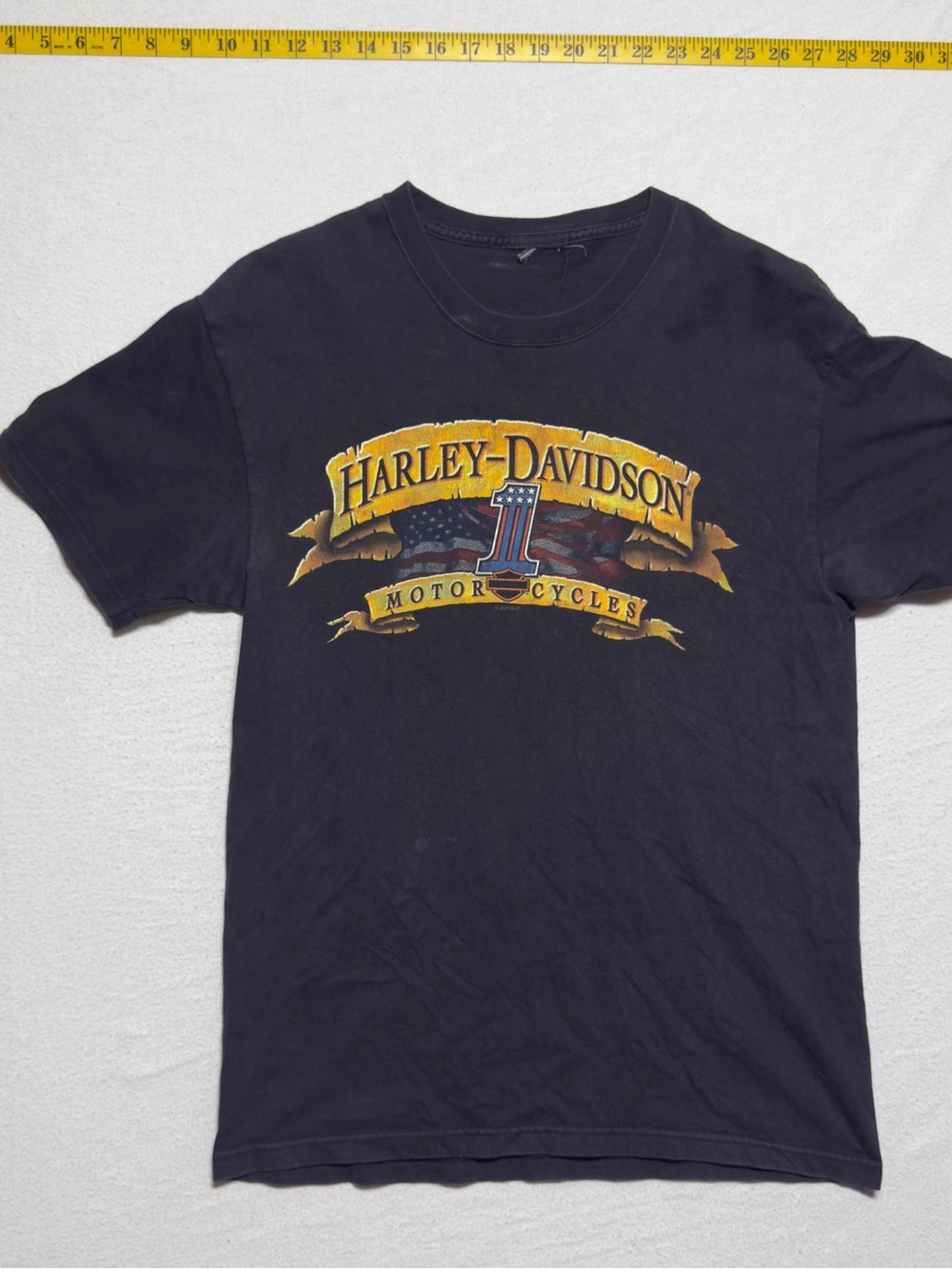 Vintage Harley-Davidson Black Tee with Gold and Red Banner Logo pinup girl